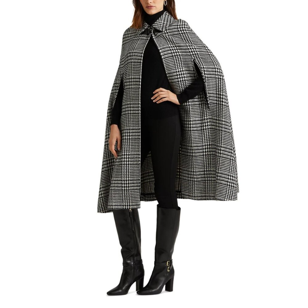 NWT Lauren Ralph Lauren Glen Plaid Wool-Blend Cape / Glen Check Size XS/S
